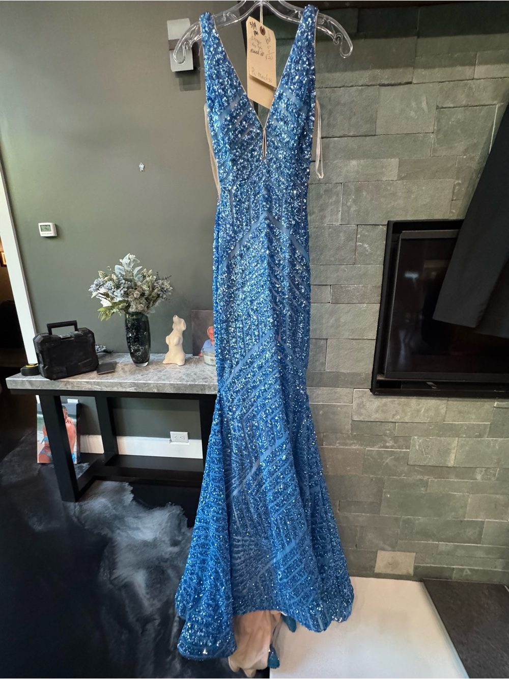 Jovani Blue Sequin V-Neck Mermaid Evening Gown